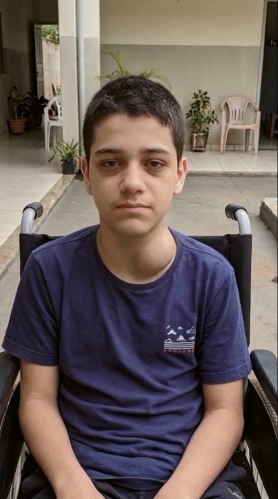Thomas, adolescente, sentado em sua cadeira de rodas no pátio do orfanato onde cresceu